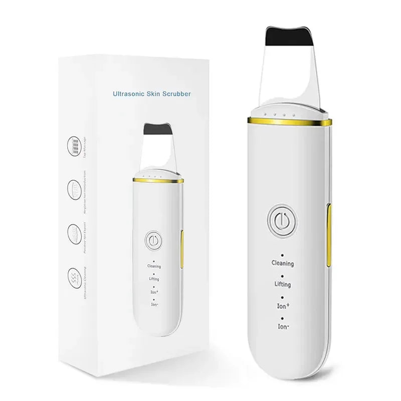 A white ultrasonic skin scrubber device with a black handle is shown next to its packaging box.