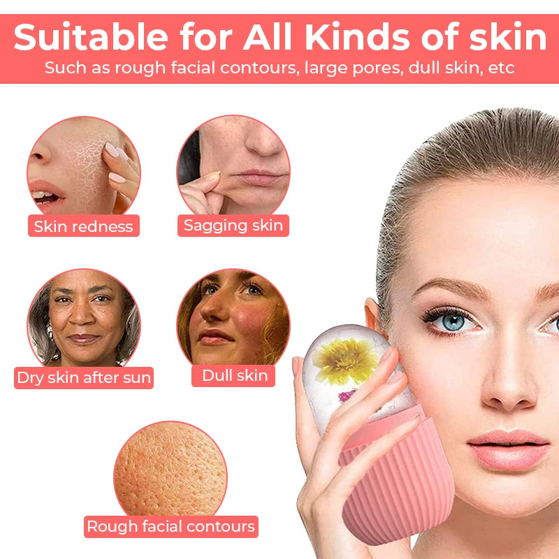 Un rouleau à cubes de glace en silicone utilisé pour les contours et le massage du visage d'une femme.