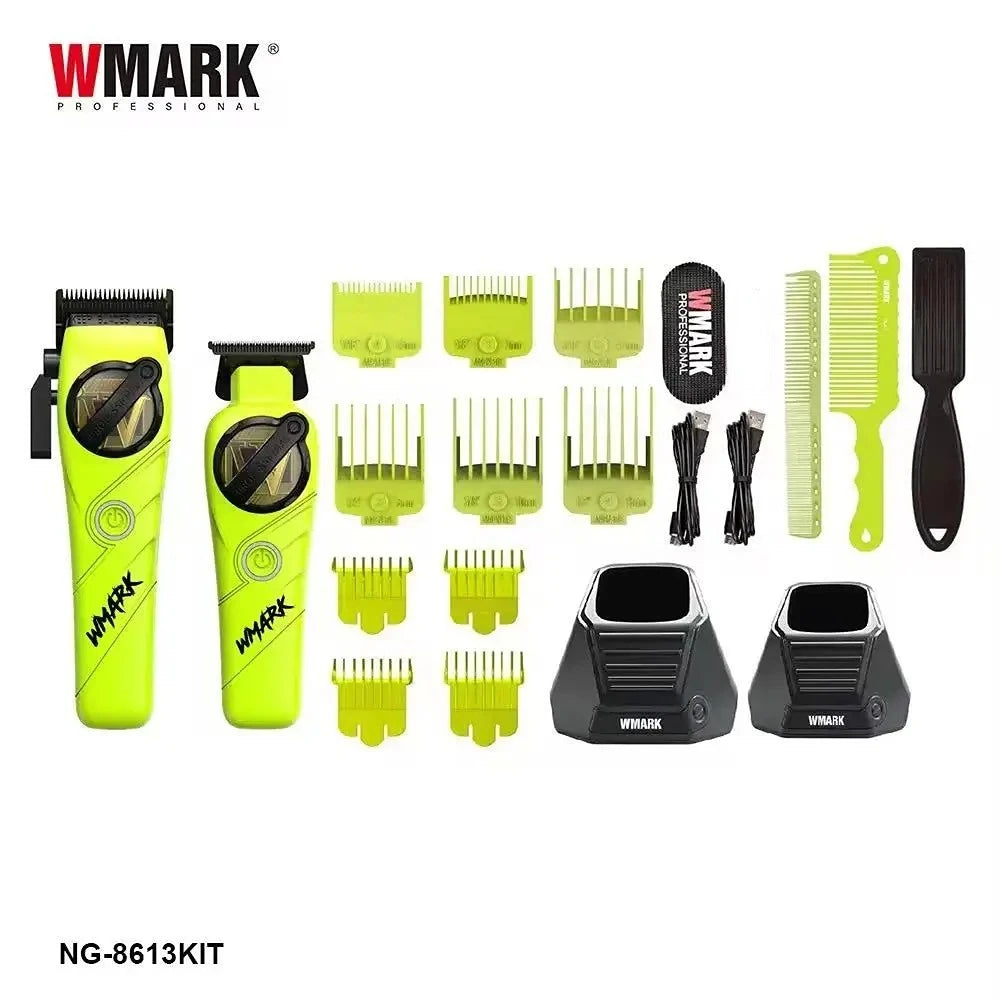 A set of yellow and black professional cordless hair trimmer attachments and a main unit.