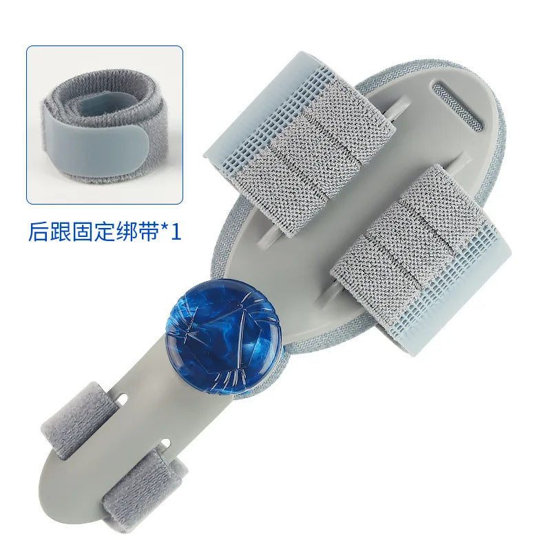 Un correcteur de pieds gris réglable avec sangles et un séparateur d'orteils bleu.