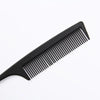 A black professional stainless steel hair tail comb shown diagonally against a white background.
