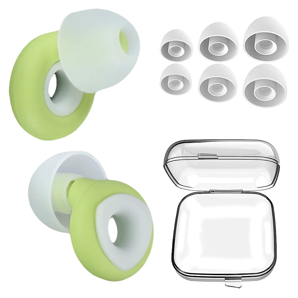 A set of silicone earplugs in lime green and white, including a storage case.