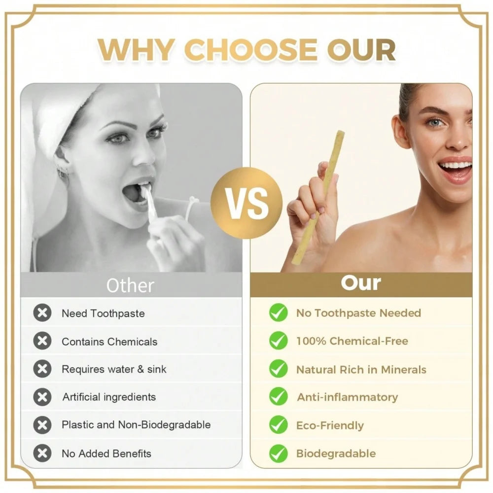 Comparison graphic showing benefits of a natural miswak toothbrush set versus other options.