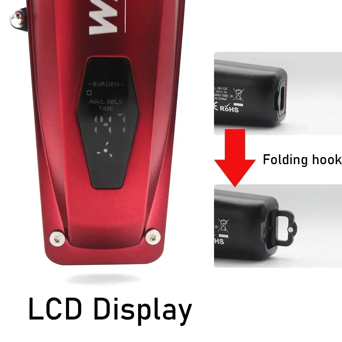 Close-up view of a red electric hair clipper showing an LCD display and a folding hook attachment.