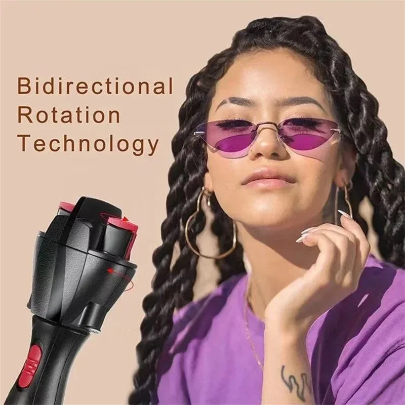 A woman is shown using a black electric twist braiding tool with purple hair and pink sunglasses.