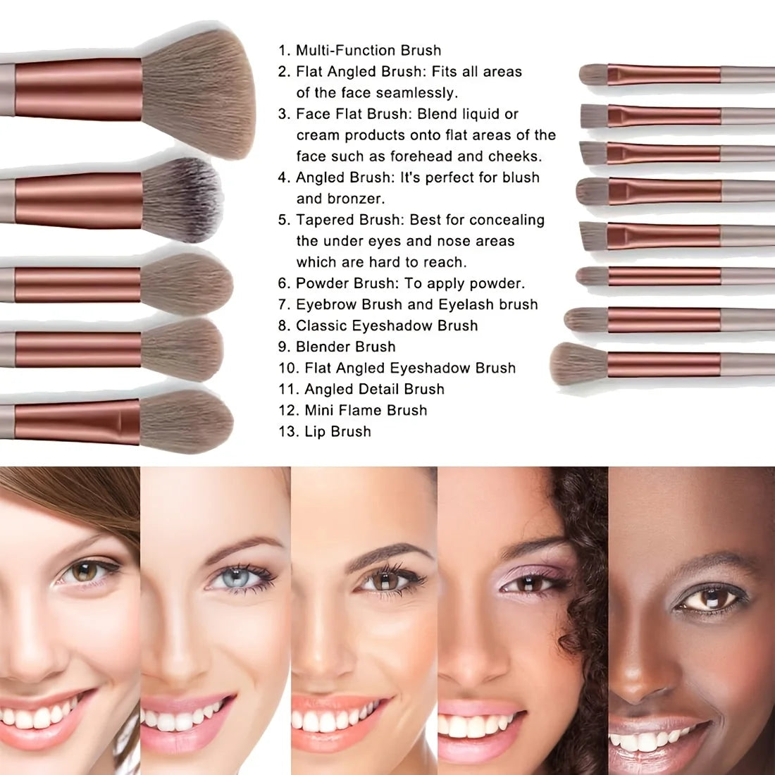 A collection of various makeup brushes in rose gold and brown shades shown alongside close-ups of models applying makeup.