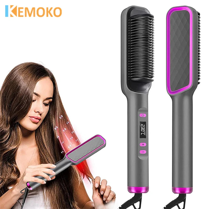 A woman is using a professional electric hair straightener comb with black and purple accents on her hair.