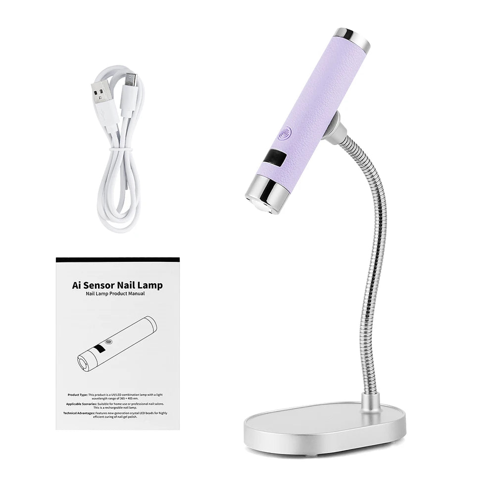 A purple and silver portable dual-mode gel nail lamp with an adjustable arm and base.