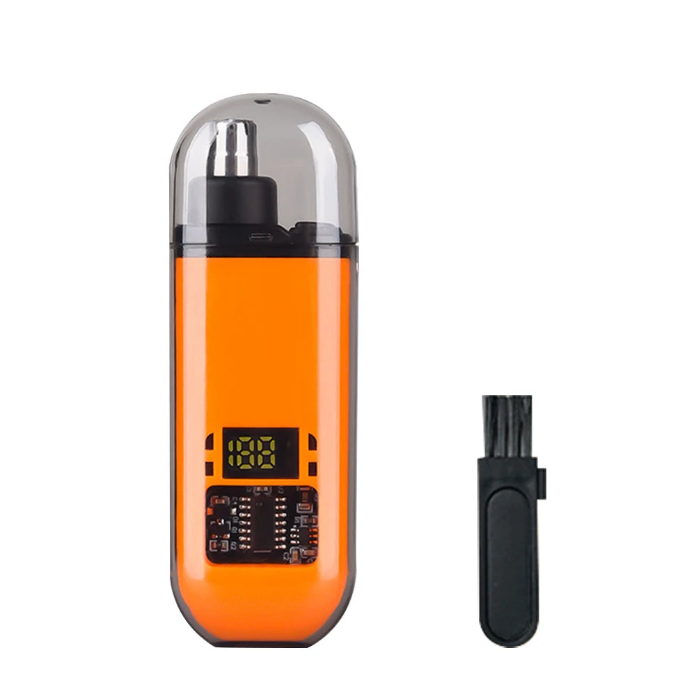 An orange portable rechargeable nose hair trimmer with a clear dome and a black trimmer head.