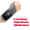 A hand is wearing a gray electric foot and ankle massager with a digital display showing 18 and text indicating 3 level heati