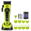 A professional green and black rotary hair clipper trimmer with various attachments shown.