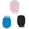 A pink exfoliating body scrubbing glove and a black exfoliating body scrubbing glove shown side by side.