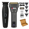 A black professional electric hair trimmer with various attachments and a box is shown.