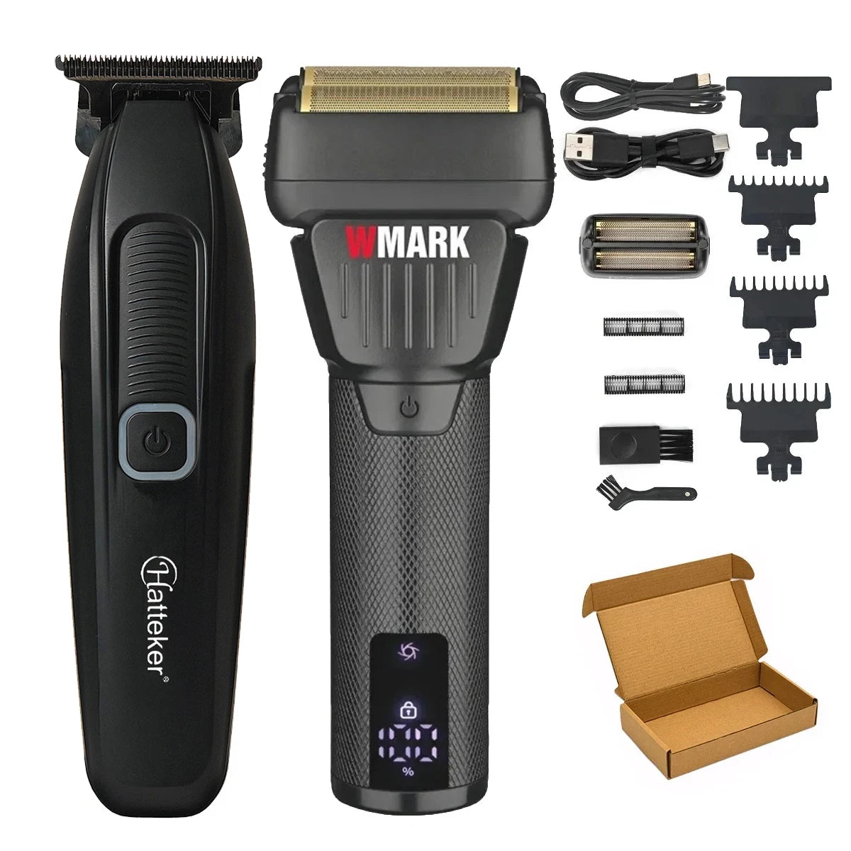 A black professional electric hair trimmer with various attachments and a box is shown.