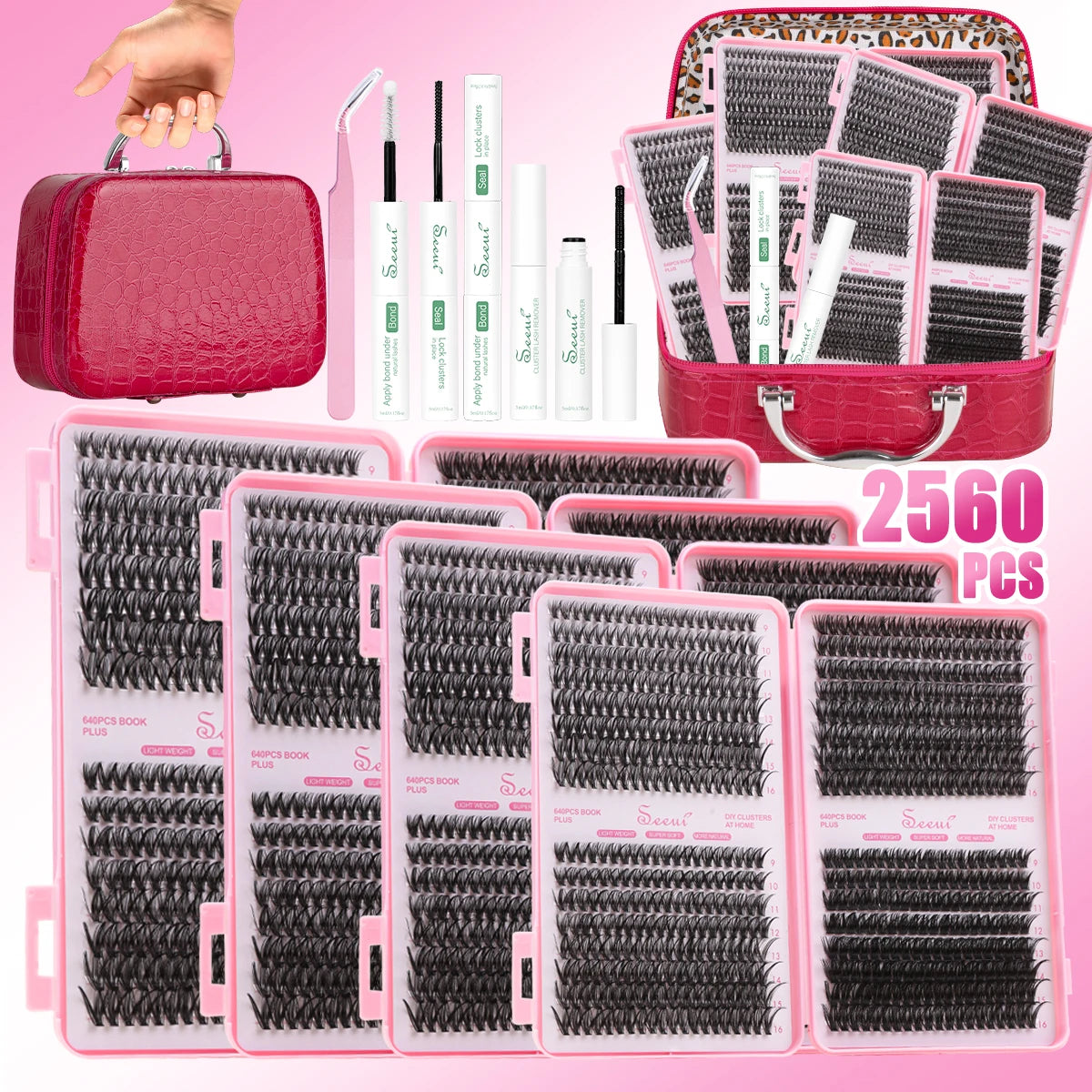 Kit d'extensions de cils DIY professionnels roses avec outils et extensions, emballé dans une boîte en cuir rouge.