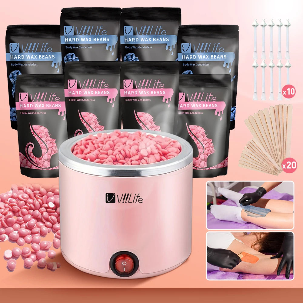 A set of hair removal wax beans and a pink wax melting device for hair removal
