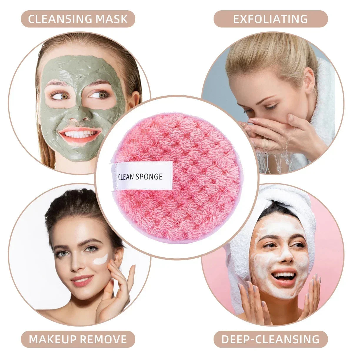 A set of skincare tools including a cleansing mask, exfoliating sponge, and makeup remover tool.