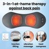 A gray massage pillow for back pain therapy showing traction lifting, vibration massage, and heat compress functions.