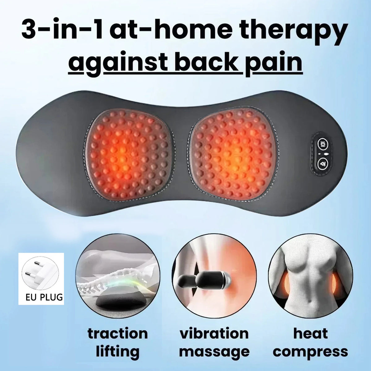 A gray massage pillow for back pain therapy showing traction lifting, vibration massage, and heat compress functions.
