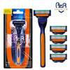 A set of four replacement razor blade heads for a grooming tool, featuring various colors and designs.