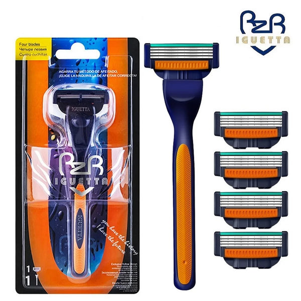 A set of four replacement razor blade heads for a grooming tool, featuring various colors and designs.