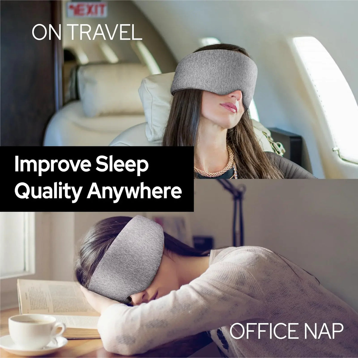 Une femme utilise un masque de sommeil en coton confortable dans deux contextes : à l'avion et pendant une sieste au bureau.