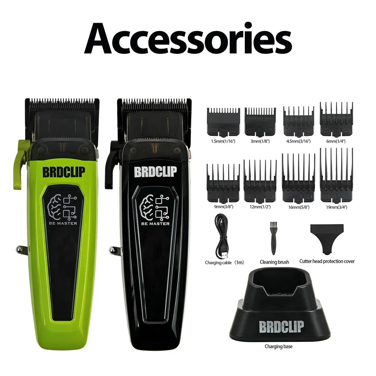 A set of BRDCLIP electric hair clippers, including the clipper, charging cable, and cleaning brush.