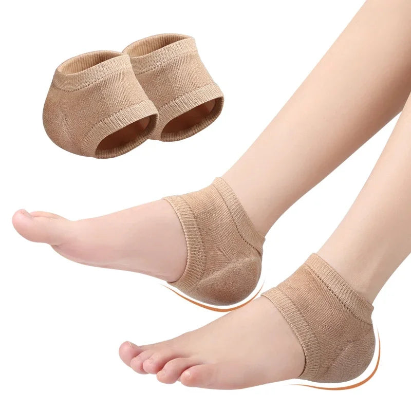 Tan silicone heel protectors shown on a foot and separate pads, designed for pain relief.