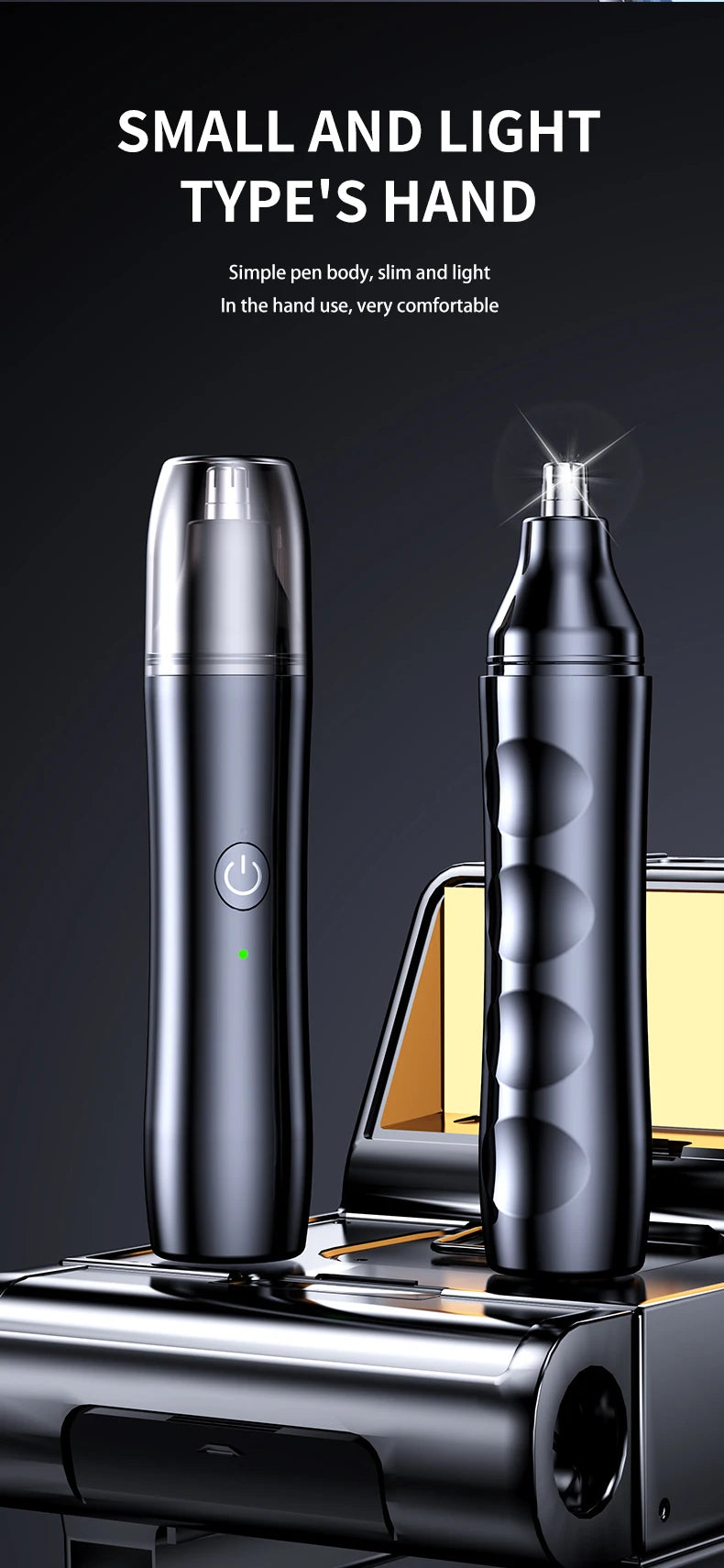 A sleek black electric nose and ear trimmer is shown on a device base.