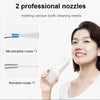 A woman is using two professional nozzles, a microbubble nozzle and a standard nozzle, for oral cleaning.