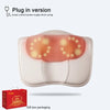 A pink shiatsu massage pillow with glowing lights is shown next to its gift box packaging.