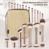 A set of 20 professional makeup brushes in rose gold and natural hair colors with a matching storage bag.