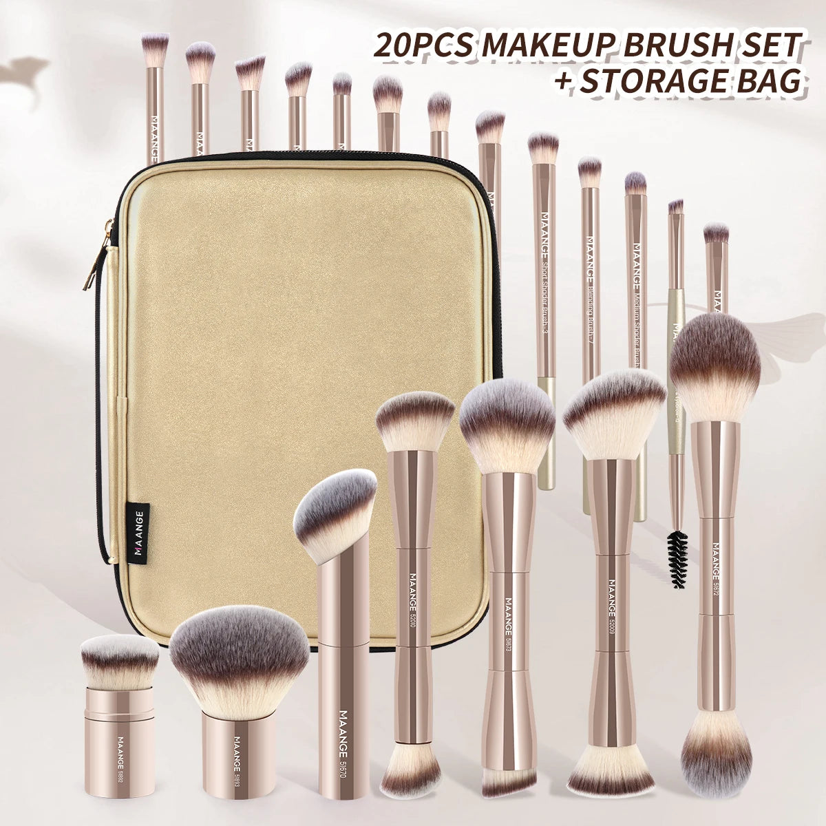 A set of 20 professional makeup brushes in rose gold and natural hair colors with a matching storage bag.