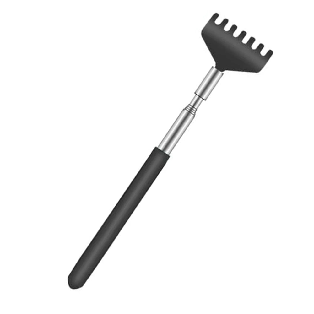 A black extendable metal back scratcher and hand massager tool.