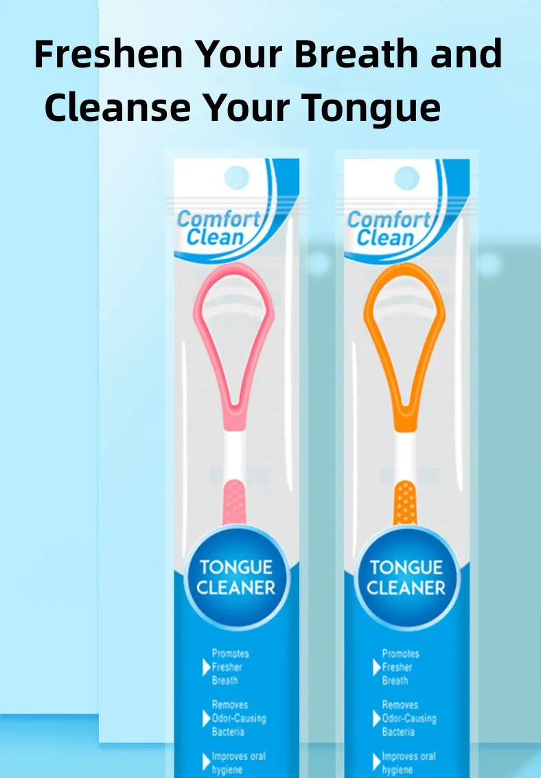 Tube clair de nettoyant pour la langue en silicone avec poignée rose et boucle orange, pour une haleine fraîche.
