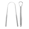 A reusable stainless steel tongue scraper with a loop handle for oral hygiene.