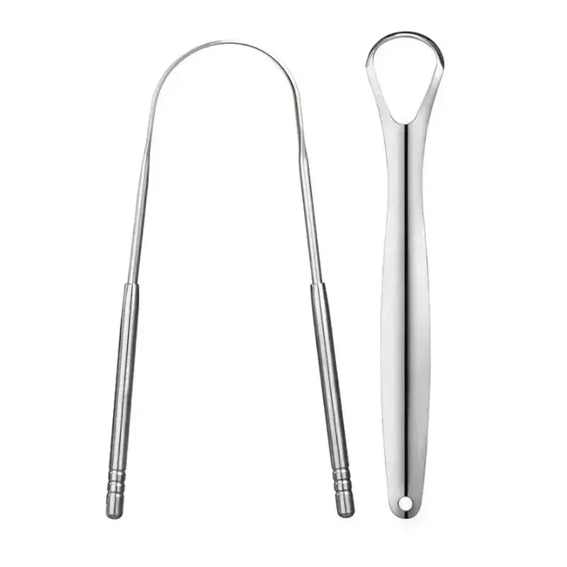 A reusable stainless steel tongue scraper with a loop handle for oral hygiene.