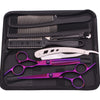 A black case containing professional stainless steel hairdressing scissors and various grooming tools.