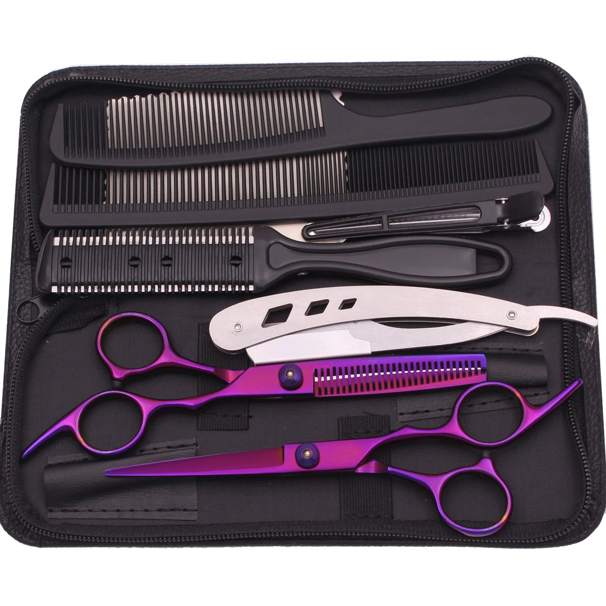 A black case containing professional stainless steel hairdressing scissors and various grooming tools.