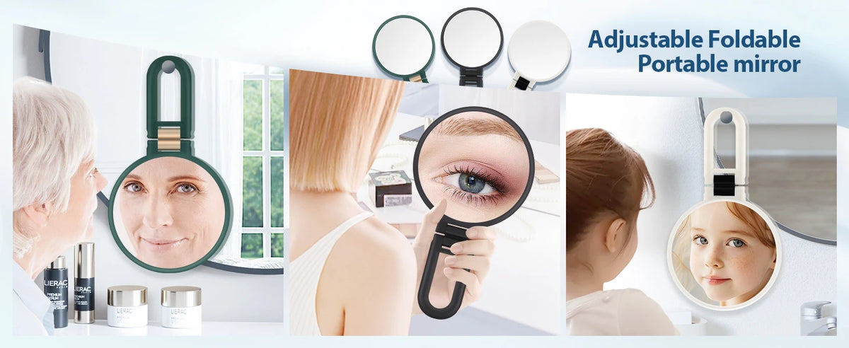 Adjustable foldable portable mirror showing various angles and magnification features.