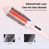 A pink infrared hair care brush with heated bristles is shown, demonstrating before and after use on hair strands.
