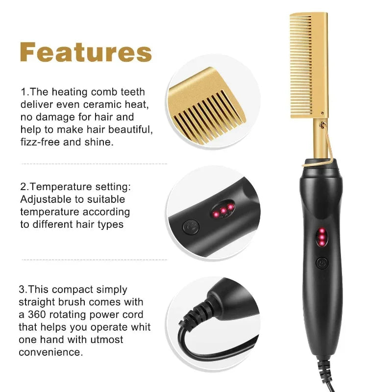 A black electric hair straightener with a yellow brush and cord, showing features like ceramic heat and temperature settings.