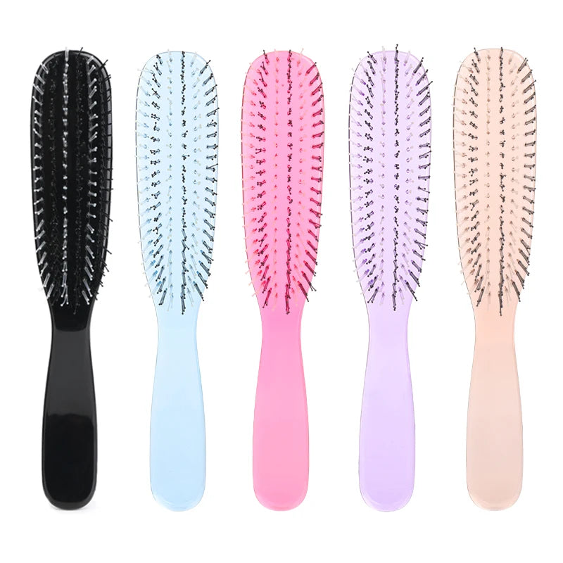 Five scalp massage combs in black, light blue, pink, purple, and peach colors for hair detangling