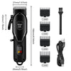 A black electric hair trimmer with various guard attachments and a power indicator display.