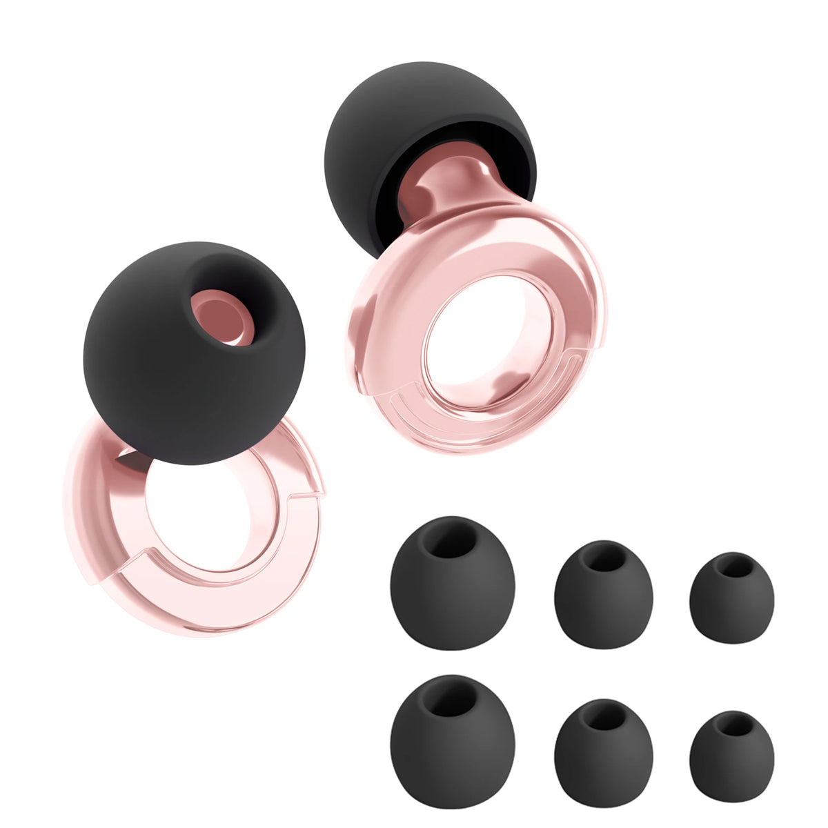 Un set de bouchons d'oreille en silicone rose et noir à réduction du bruit, montrés sous divers angles.
