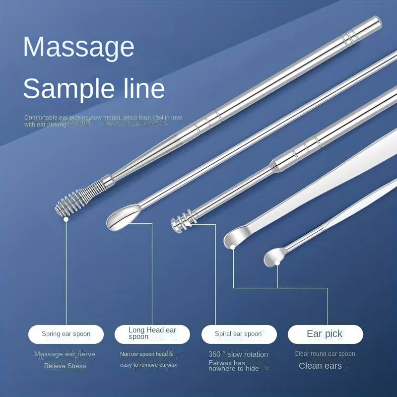 Ensemble de limes en acier inoxydable pour nettoyer les oreilles, incluant une cuillère à ressort, une cuillère à longue tête
