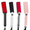 Four views of a professional titanium hair straightener with various colored plates and attachments.