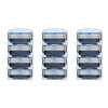 A set of four stainless steel safety razors with blue handles and clear protective covers.