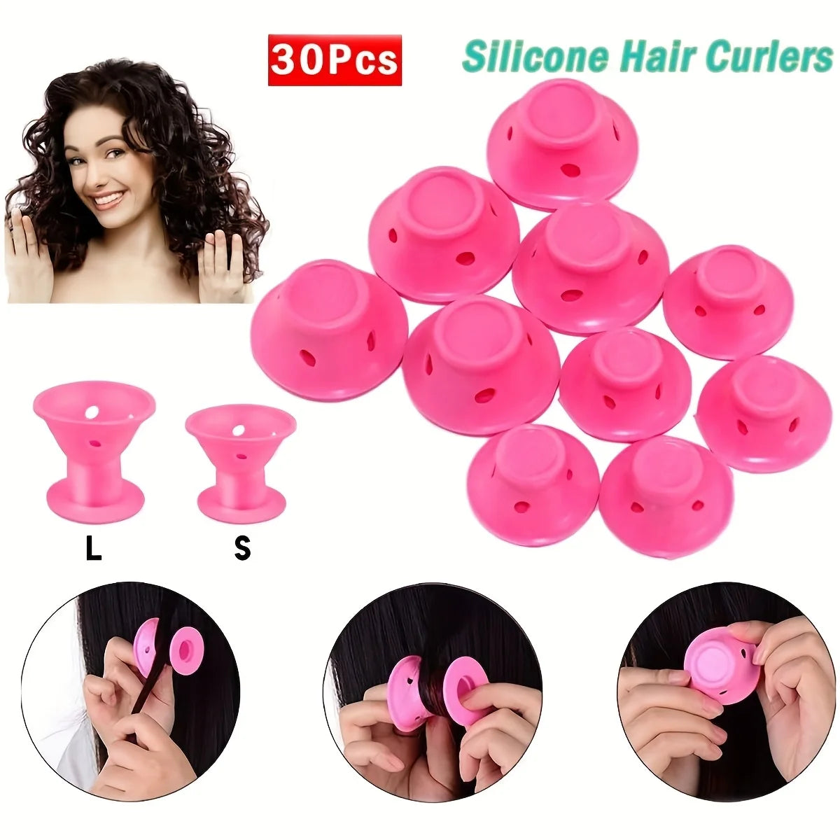A set of 30 silicone pink hair curlers in various sizes L and S for heatless curling.