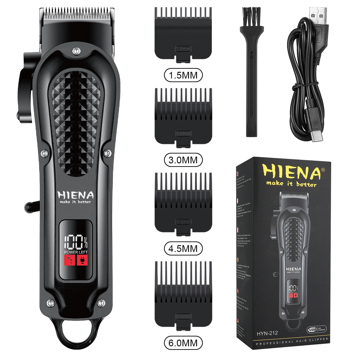 Schwarzes HIENA Profi-Elektro-Haar- und Barttrimmer-Set mit verschiedenen Aufsätzen auf weißem Hintergrund.